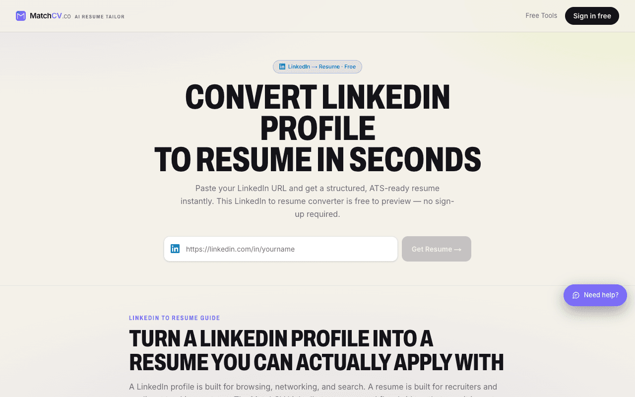 MatchCV LinkedIn converter input screen, captured September 19, 2026. No profile has been submitted.